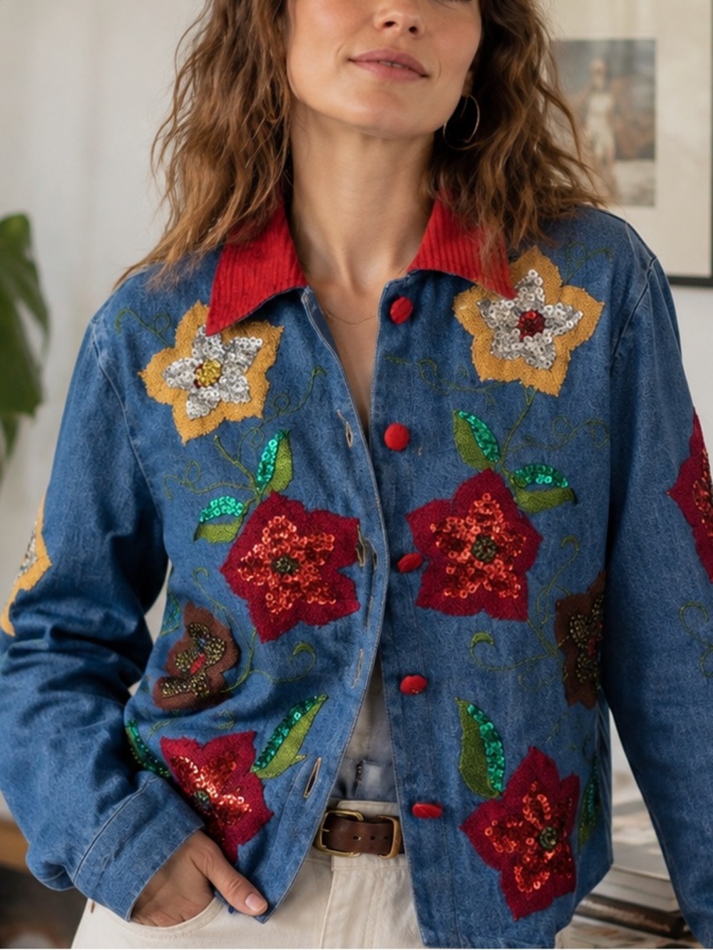 Vintage Y2K Blue Bayou Sequin Embroidered Floral Denim Jacket S